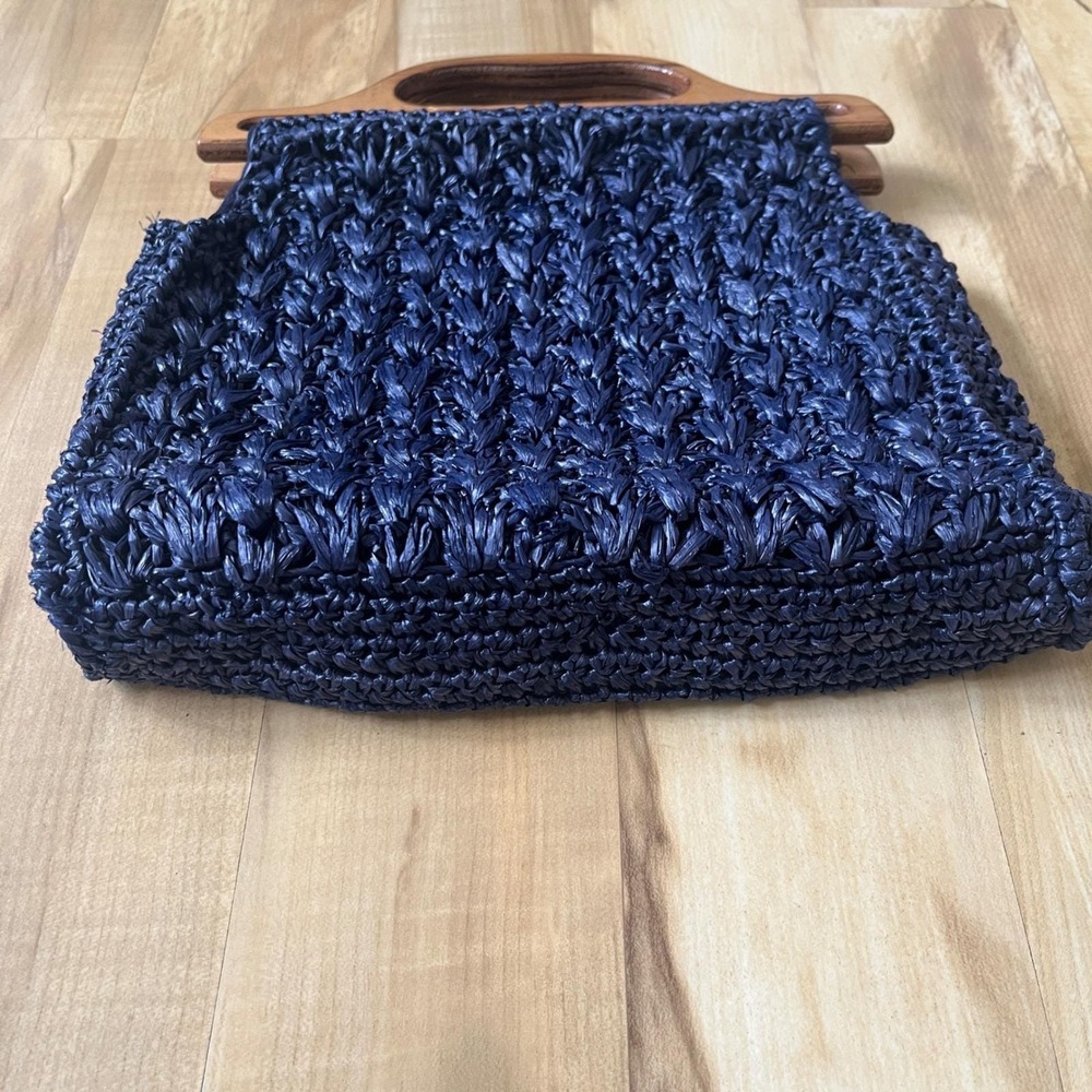 Vintage Handbag Straw Navy Blue Wood Coastal Beach Preppy Cottage‎ Classic Vacay - Picture 8 of 12